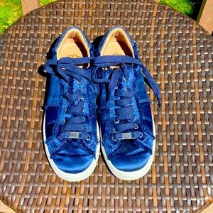 UGG Milo Navy Blue Satin Fringe Split Seam Sneakers.   Womens 8.5.    Like new!